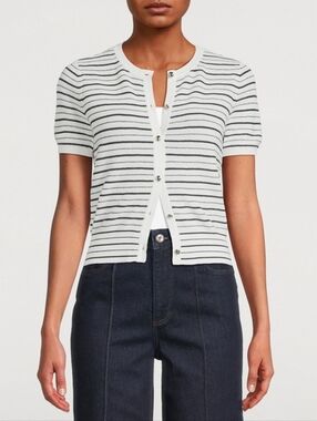RAG & BONE Dina Stripe Jacquard Navy and White Striped Short Sleeve Cardigan
